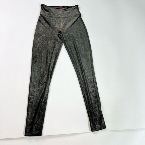 Spanx Leggings Womens Medium Black Gold Velvet Shine Metallic High Rise - Picture 1 of 10